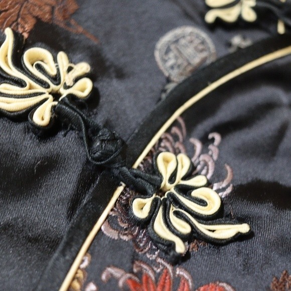 Solz Squirrel Black Oriental Asian Floral Embroidered Geisha Top Vintage 42 - Picture 12 of 16